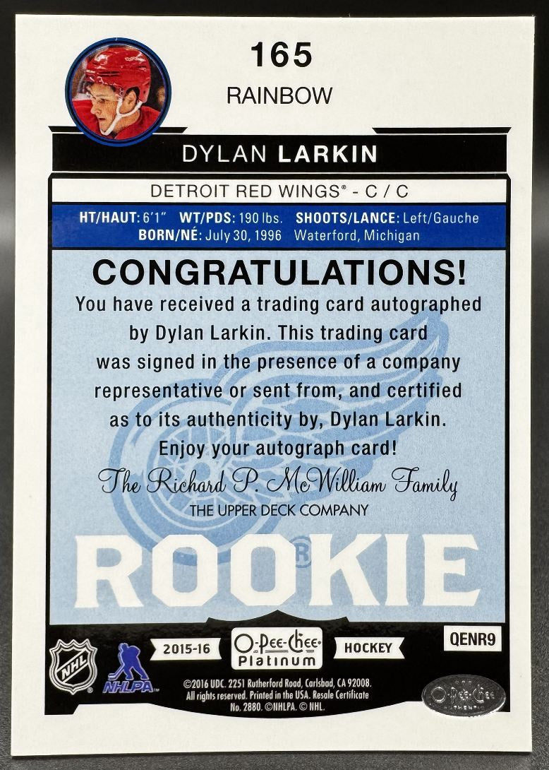 2015-16 O-Pee-Chee Platinum Dylan Larkin 165 Detroit Red Wings RC Auto