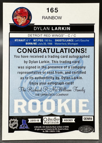 2015-16 O-Pee-Chee Platinum Dylan Larkin 165 Detroit Red Wings RC Auto