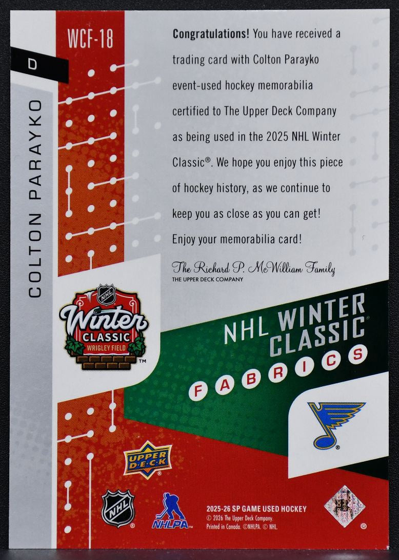 2025-26 SP Game Used Winter Classic Fabrics Colton Parayko WCF-18 Jersey 6834