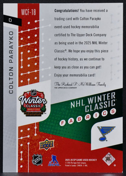 2025-26 SP Game Used Winter Classic Fabrics Colton Parayko WCF-18 Jersey 6834