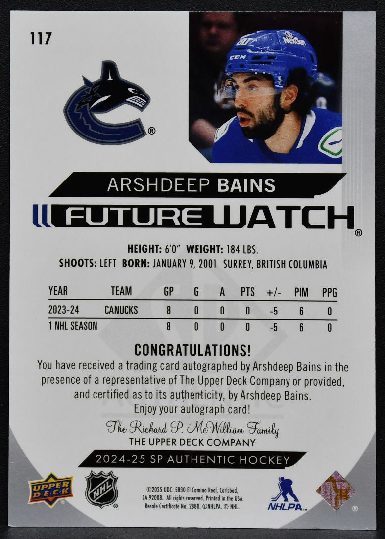 2024-25 SP Authentic Future Watch Bains 117 Canucks RC Auto 395/999 2070