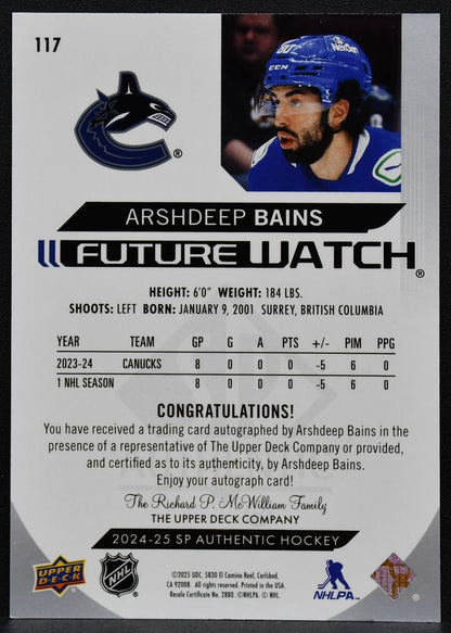 2024-25 SP Authentic Future Watch Bains 117 Canucks RC Auto 395/999 2070