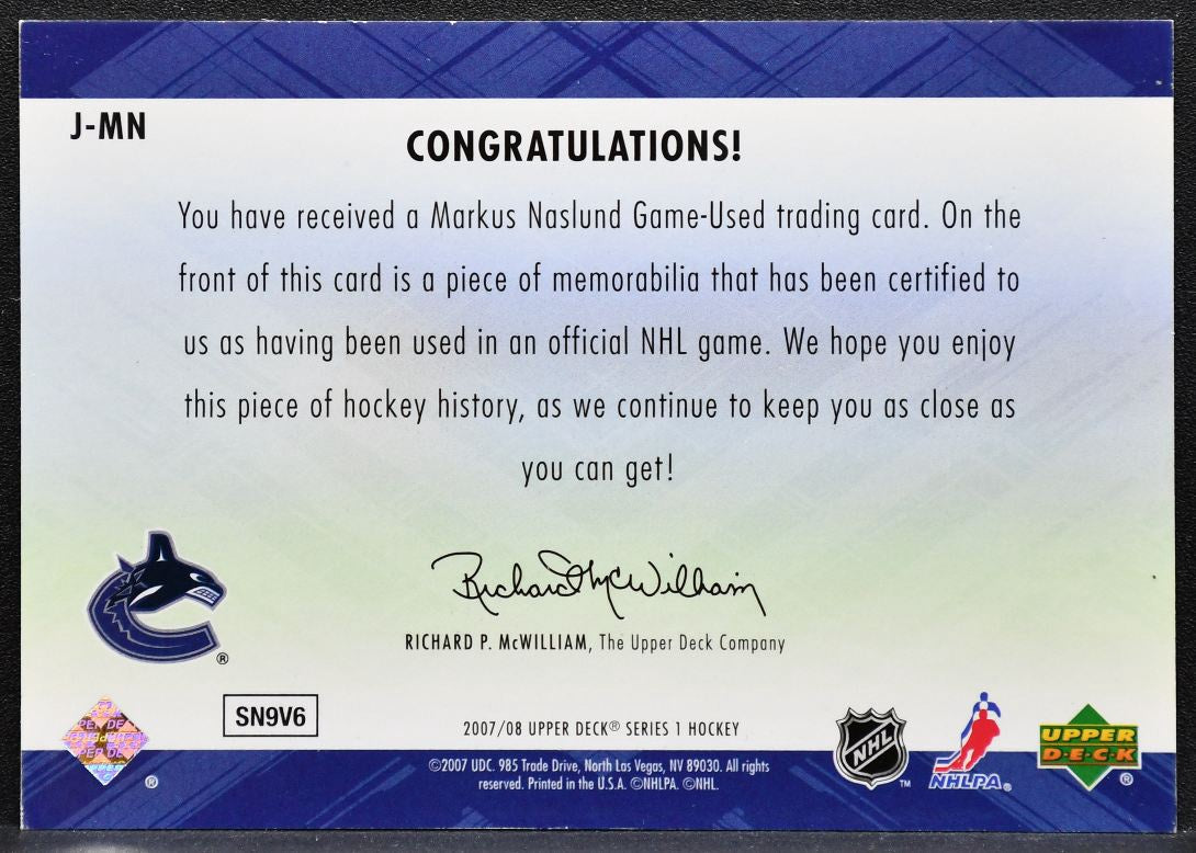 2007-08 Upper Deck Series 1 Game Jerseys Markus Naslund J-MN Canucks Jersey 5180