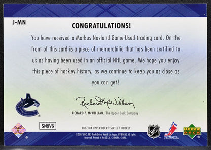 2007-08 Upper Deck Series 1 Game Jerseys Markus Naslund J-MN Canucks Jersey 5180
