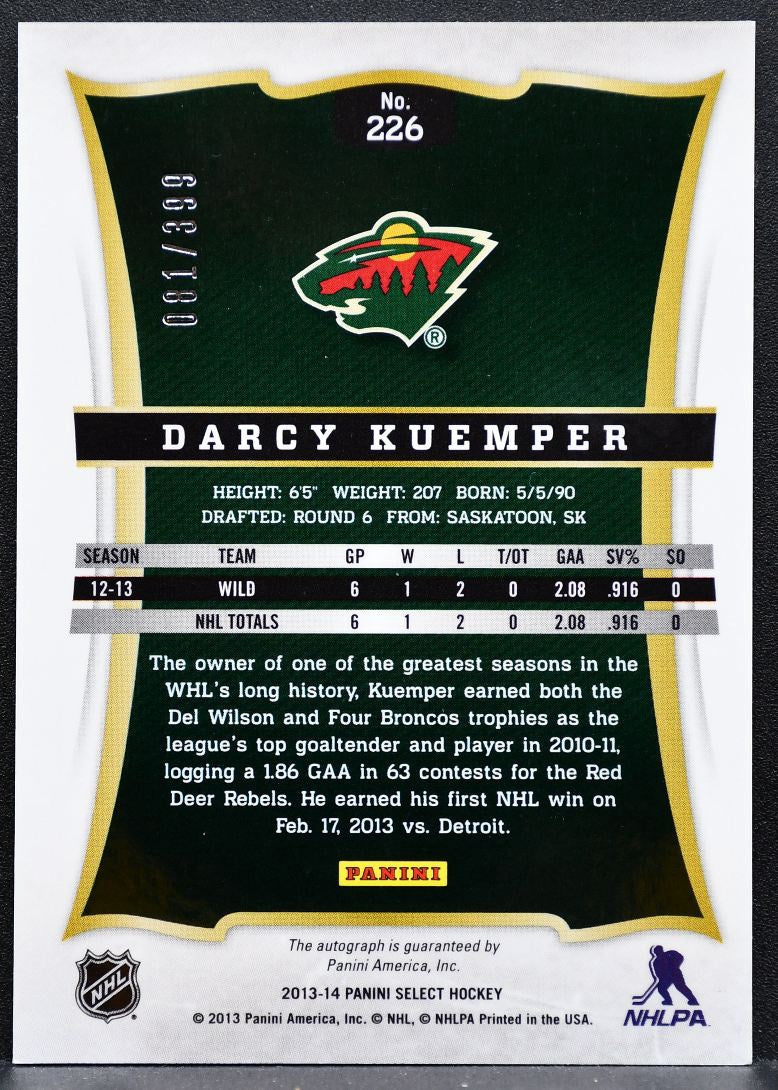 2013-14 Panini Select Rookie Auto Darcy Kuemper 226 Wild RC Auto 081/399 0224