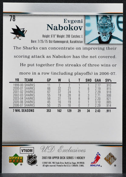 2007-08 Upper Deck UD Exclusives Evgeni Nabokov 78 San Jose Sharks 011/100 2928