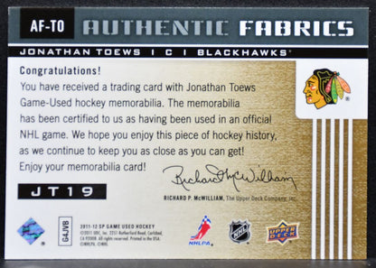 2011-12 SP Game Used Authentic Fabrics Jonathan Toews Blackhawks Jersey 5351