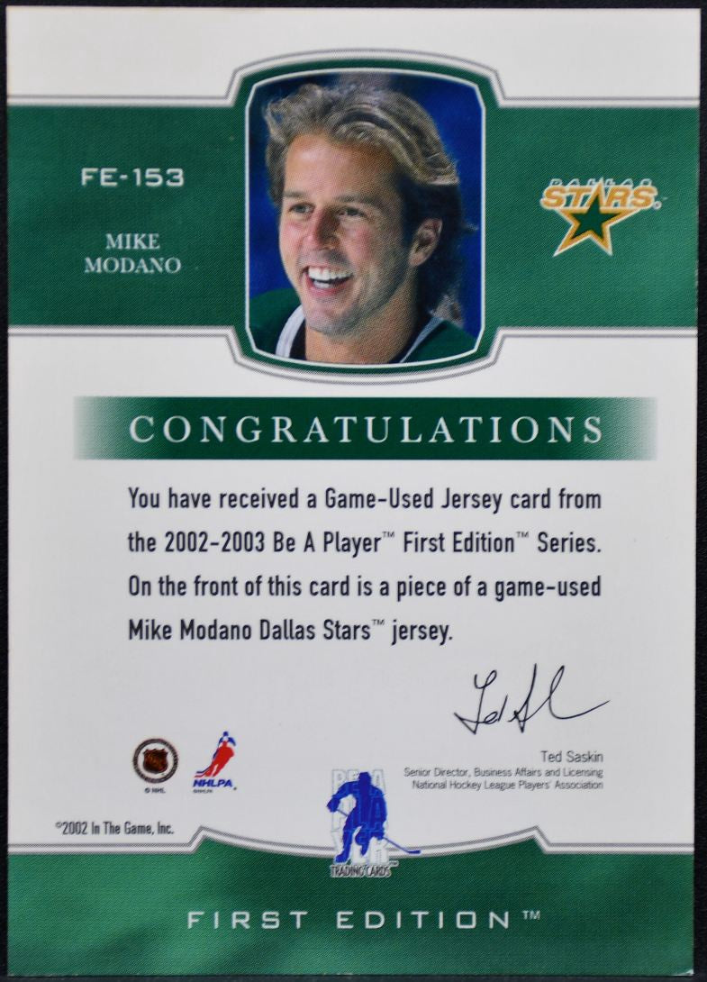 2002-03 Be a Player First Edition Jerseys Mike Modano FE-153 Stars Jersey 2195