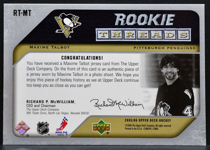2005-06 Upper Deck Rookie Threads Maxime Talbot RT-MT Penguins RC Jersey 0592