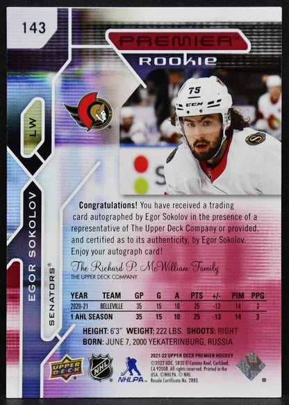 2021-22 UD Premier Rookie Red Autographs Egor Sokolov 143 Senators RC Auto 4999