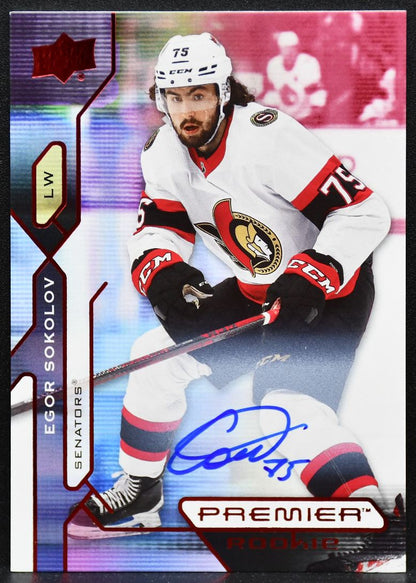 2021-22 UD Premier Rookie Red Autographs Egor Sokolov 143 Senators RC Auto 4999