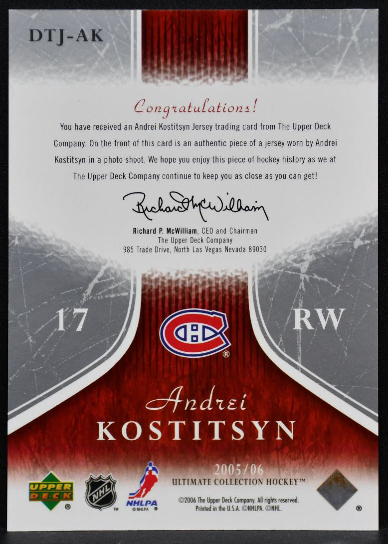 2005-06 UD Ultimate Collection Kostitsyn Canadiens RC Auto 010/250 Jersey 6696
