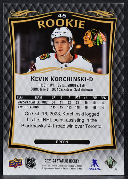 23-24 UD Stature Rookie Green Kevin Korchinski 46 Chicago Blackhawks RC 114/375 2196