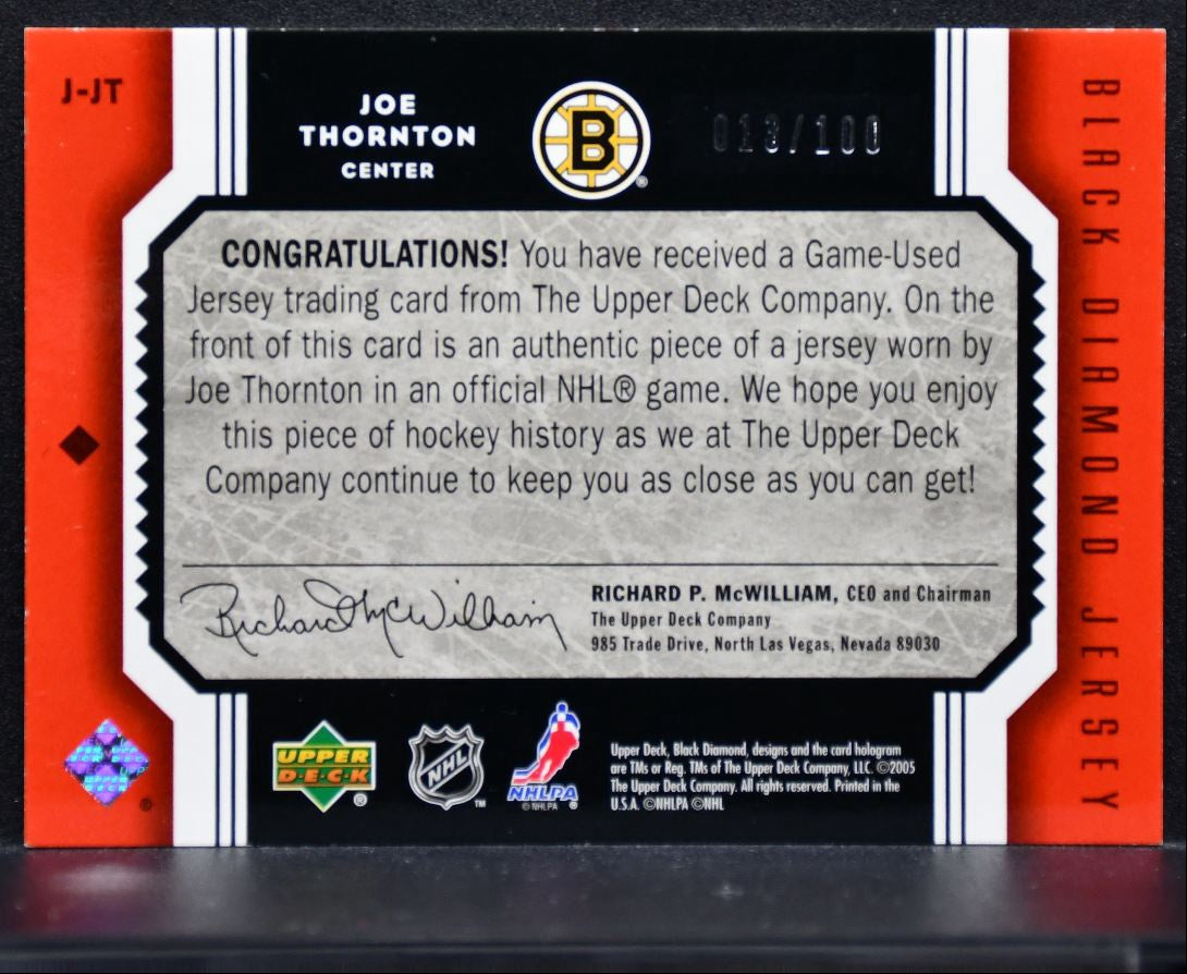 2005-06 UD Black Diamond Jerseys Ruby Joe Thornton Bruins 018/100 Jersey 4824