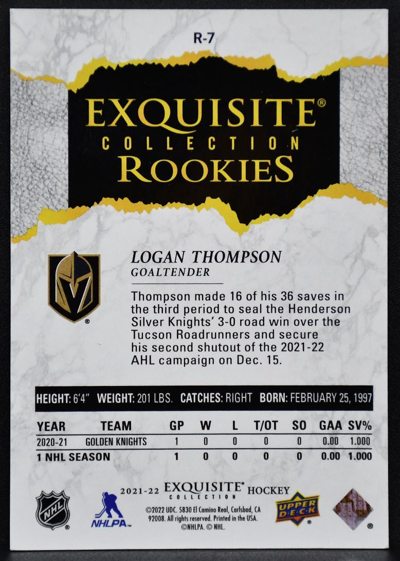 21-22 UD Ice Exquisite Collection RCs Logan Thompson Golden Knights RC /299 5708