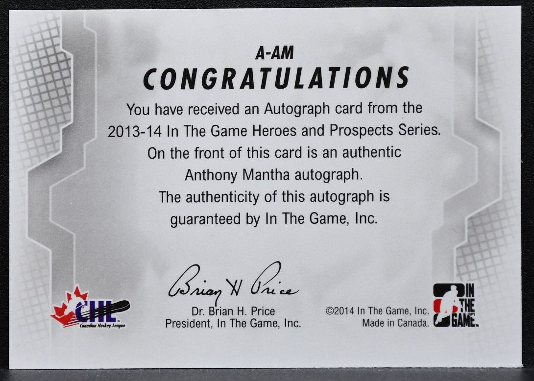 2013-14 In The Game Heroes and Prospects Autographs Anthony Mantha Auto 0767