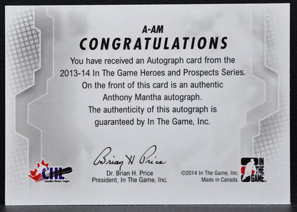 2013-14 In The Game Heroes and Prospects Autographs Anthony Mantha Auto 0767