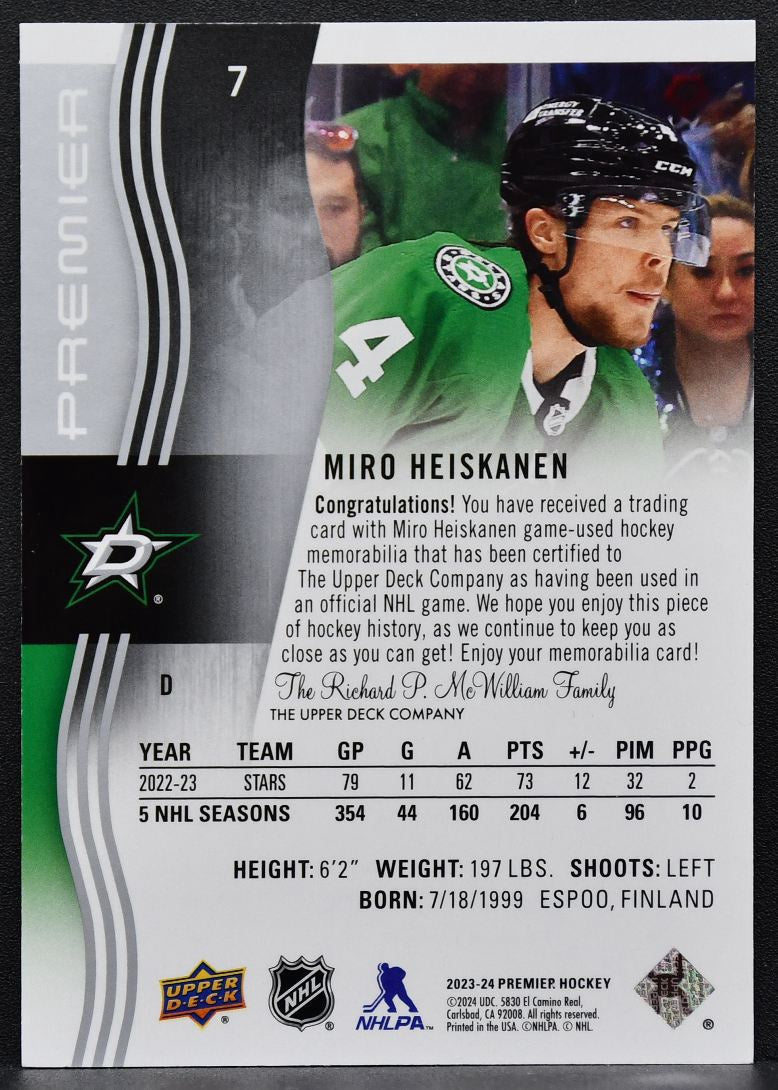 2023-24 Upper Deck Premier Jersey Miro Heiskanen 7 Dallas Stars Jersey 7895