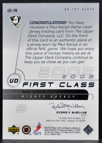 2002-03 Upper Deck First Class Jersey Paul Kariya UD-PK Mighty Ducks Jersey 5719
