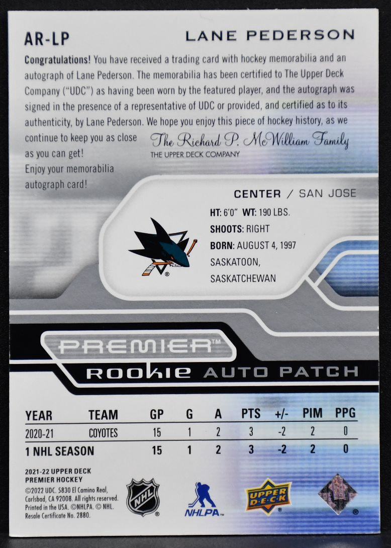 21-22 UD Premier Acetate RC Auto Patch Lane Pederson San Jose Sharks RC /249 5235