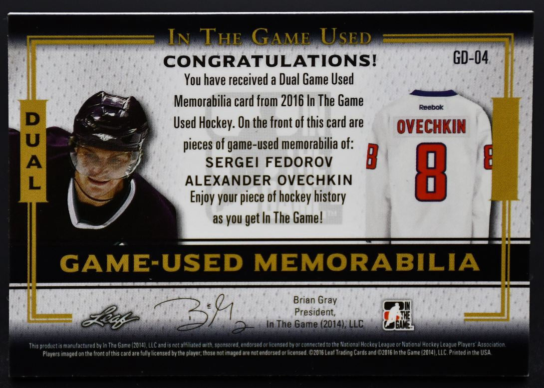 Maillot 2016-17 Leaf In The Game utilisé lors de deux matchs Fedorov/Ovechkin /45