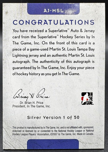 2007-08 In The Game Superlative Jerseys Autographs Martin St. Louis Auto Jersey
