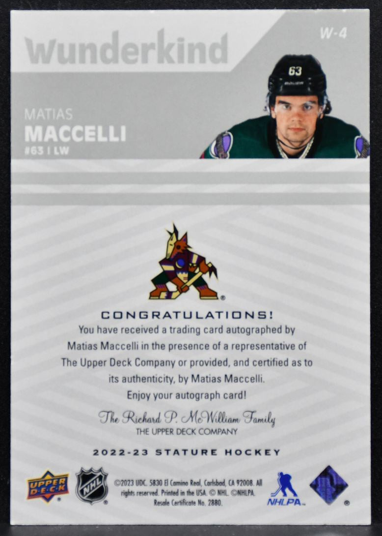2022-23 UD Stature Wunderkind Auto Matias Maccelli Arizona Coyotes RC Auto 5559