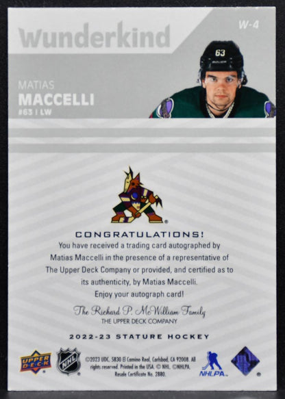 2022-23 UD Stature Wunderkind Auto Matias Maccelli Arizona Coyotes RC Auto 5559
