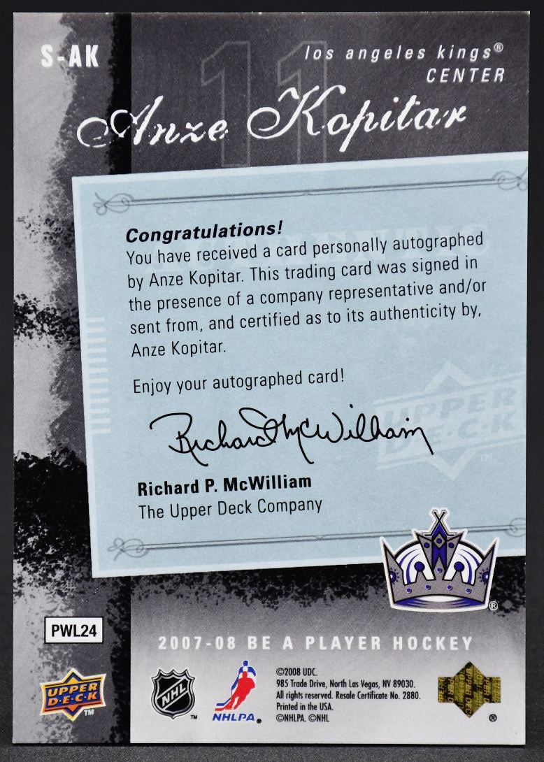 2007-08 UD Be a Player Signatures Anze Kopitar S-AK Auto