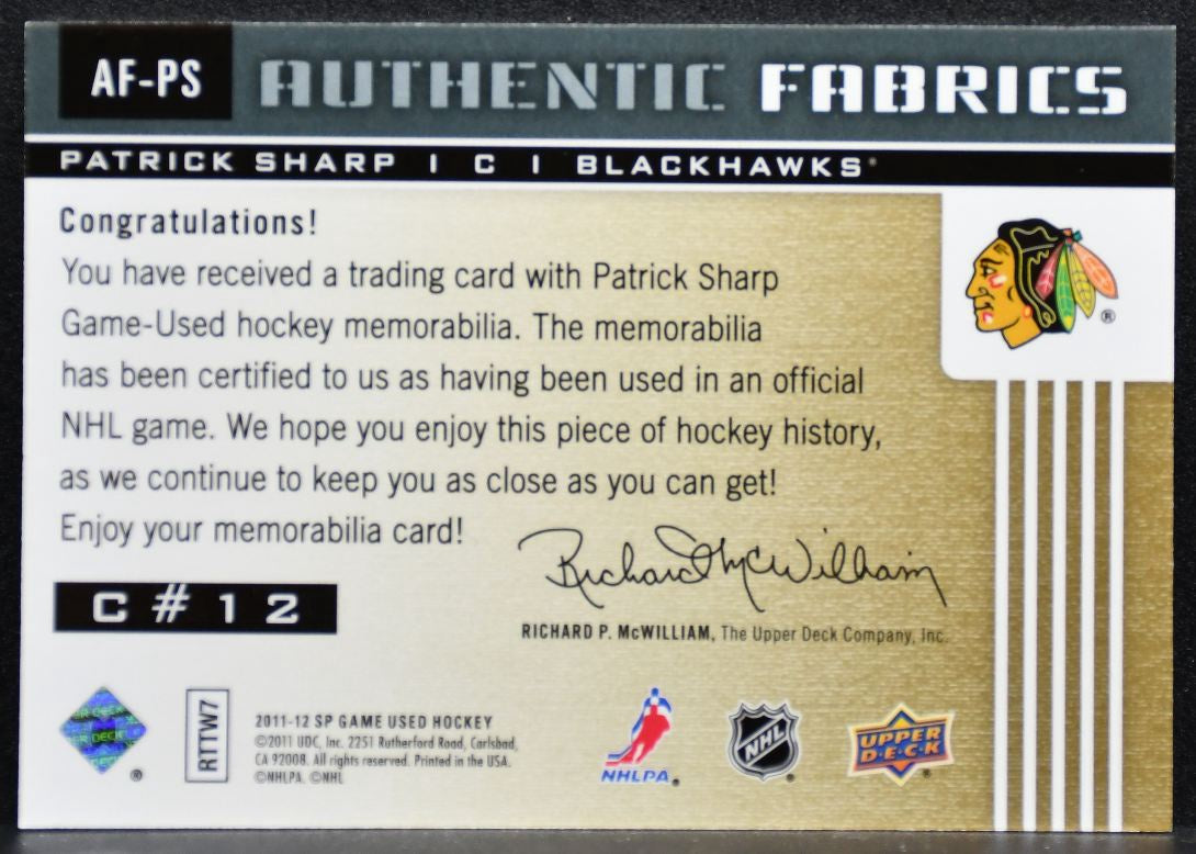 2011-12 SP Game Used Authentic Fabrics Patrick Sharp Blackhawks Jersey 3647