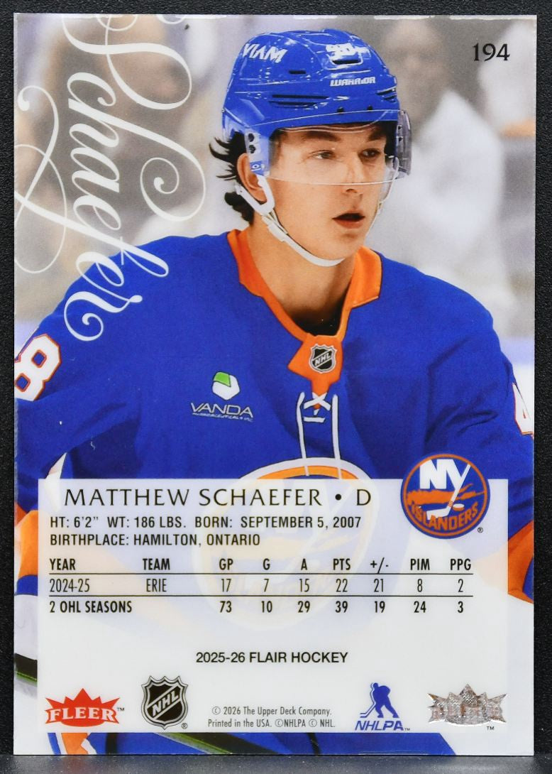 2025-26 Flair Rookie Matthew Schaefer 194 New York Islanders RC 3721
