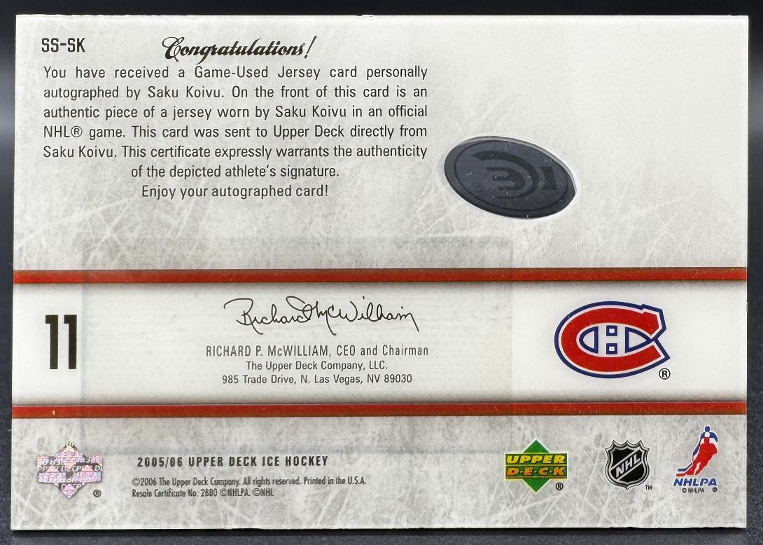2005-06 UD IceSignature Swatches Saku Koivu SS-SK Montreal Canadiens Auto