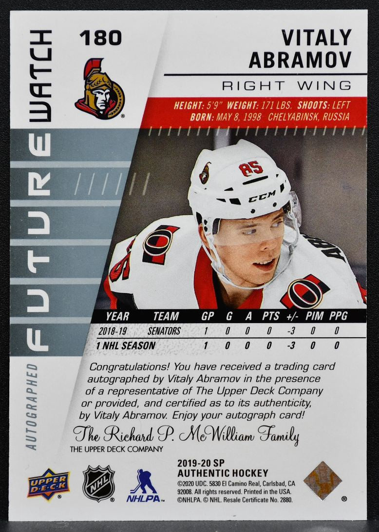 2019-20 SP Authentic Future Watch Inscribed Abramov RC Auto 653/999 2015