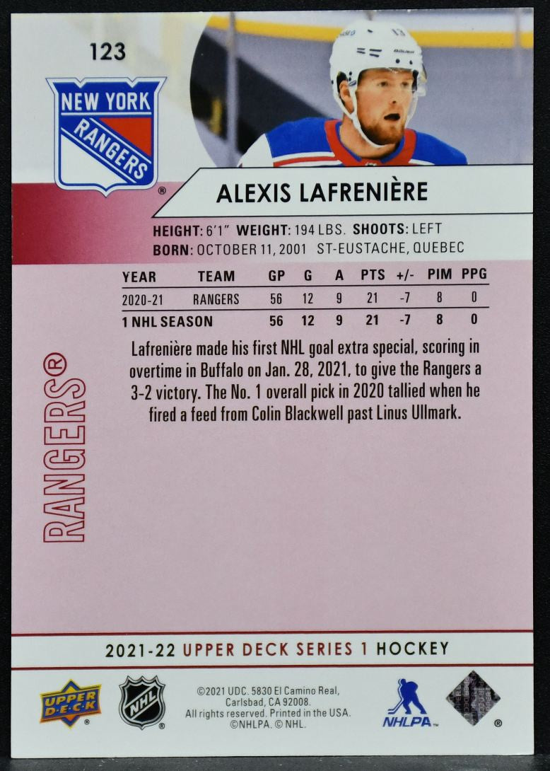 2021-22 UD Series 1 Exclusives Alexis Lafreniere 123 New York Rangers 093/100