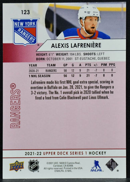 2021-22 UD Series 1 Exclusives Alexis Lafreniere 123 New York Rangers 093/100