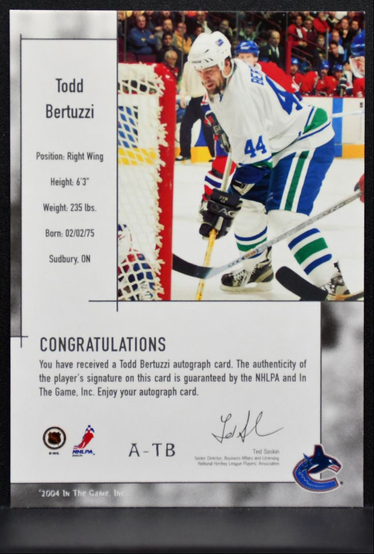 2003-04 In The Game Used Signature Series Auto Todd Bertuzzi Canucks Auto 0048