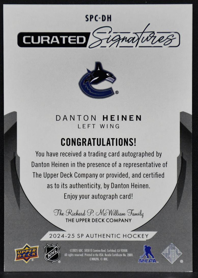 24-25 SP Authentic Curated Signatures Danton Heinen Canucks /299 4788