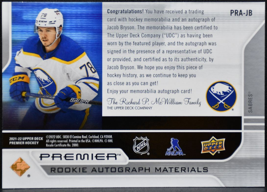 2021-22 UD Premier 2021 Rookie Auto Mat Bryson Sabres RC Auto /99 Jersey 4465