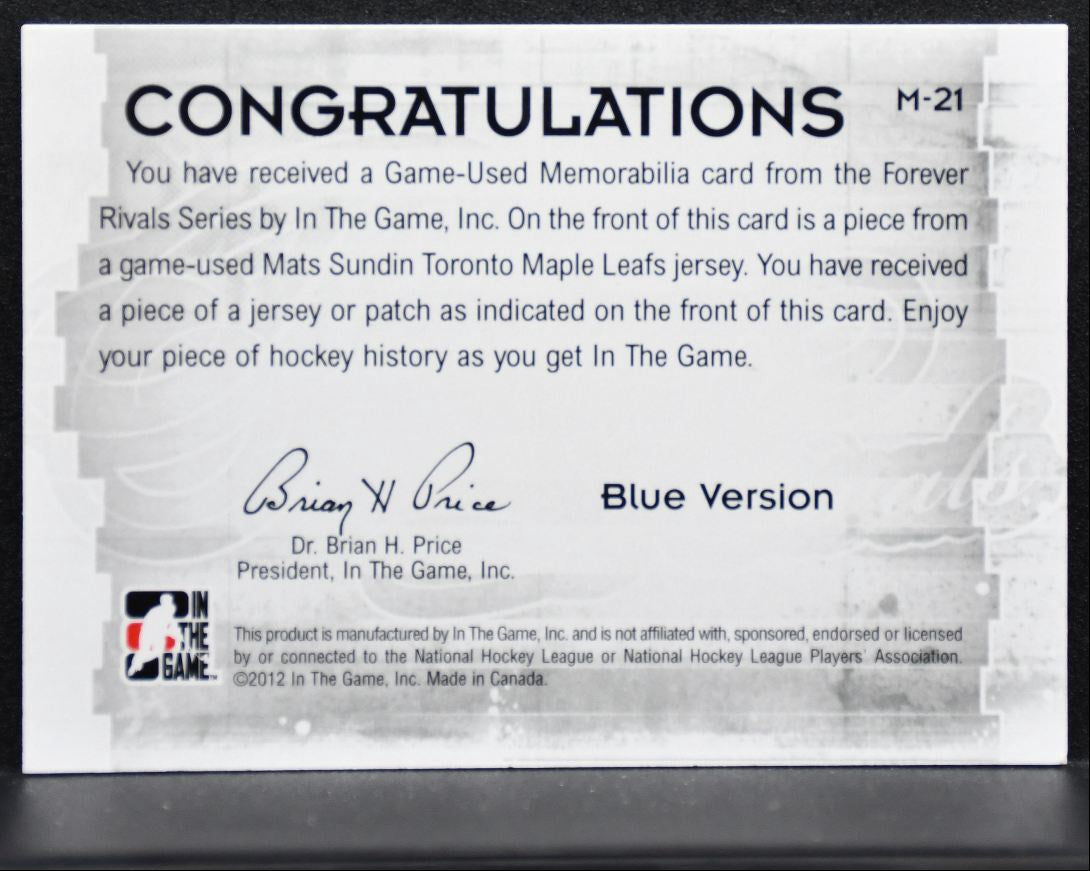 2012-13 In The Game Forever Rivals Used Jerseys Blue Sundin Jersey 1694
