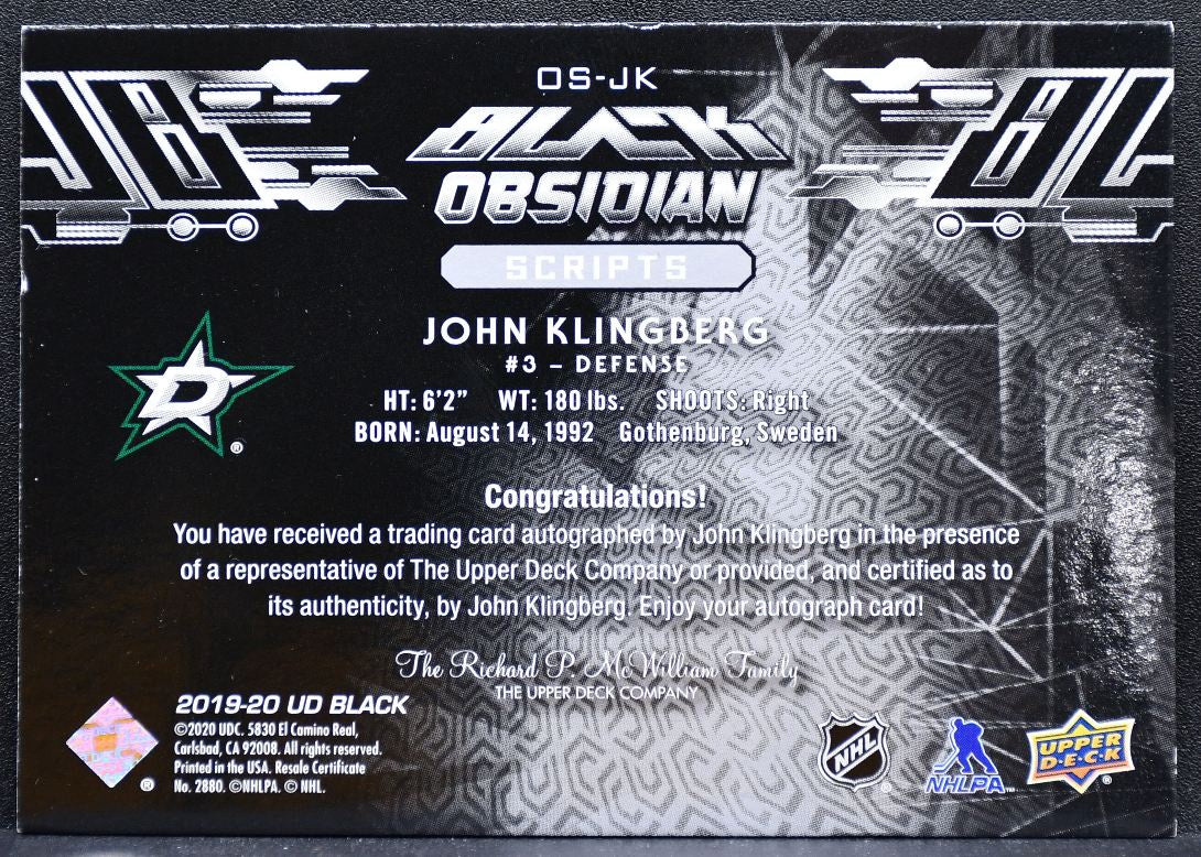 2019-20 Upper Deck Black Obsidian Scripts John Klingberg Dallas Stars Auto 9046