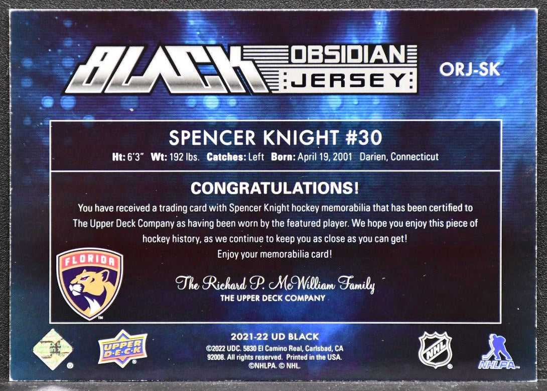2021-22 SPx UD Black Obsidian Rookie Jersey Spencer Knight ORJ-SK RC /399 Jersey