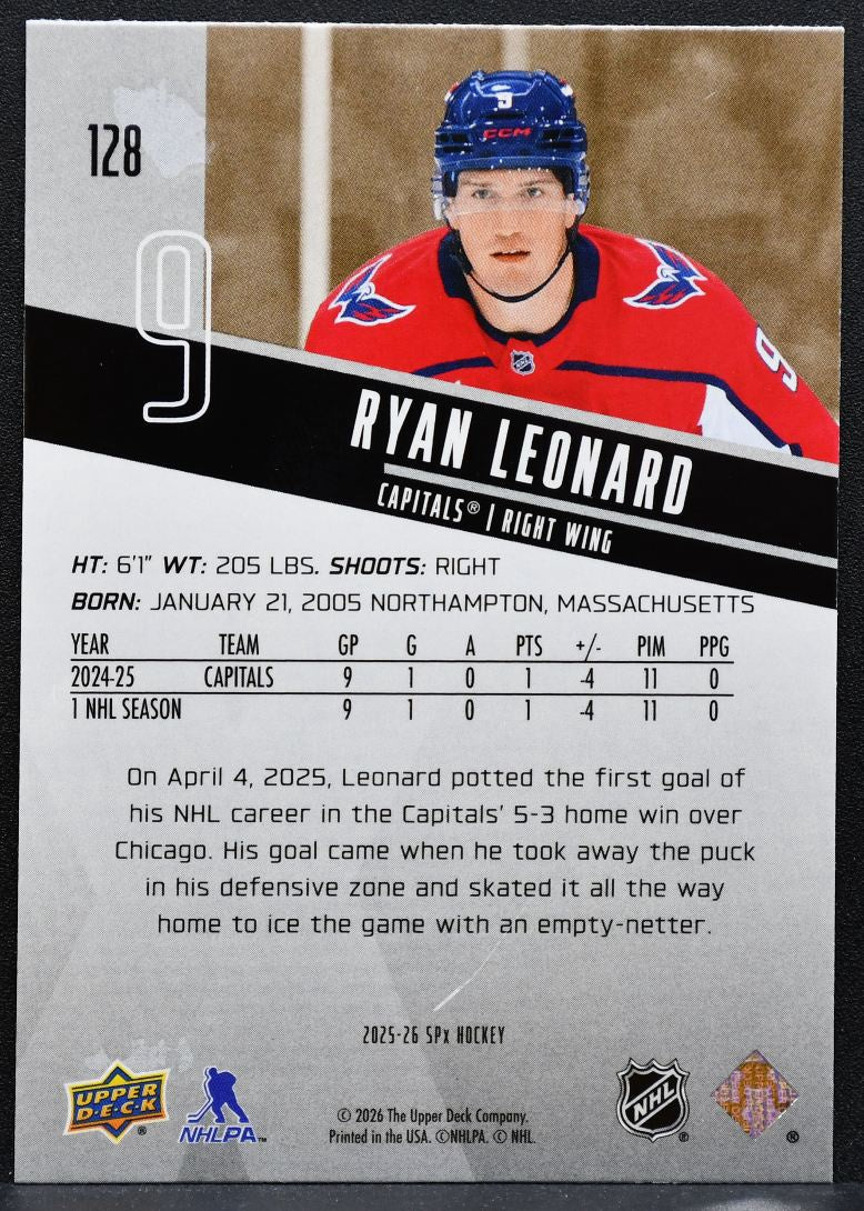 2025-26 SPx Rookies Ryan Leonard 128 Washington Capitals RC 0979