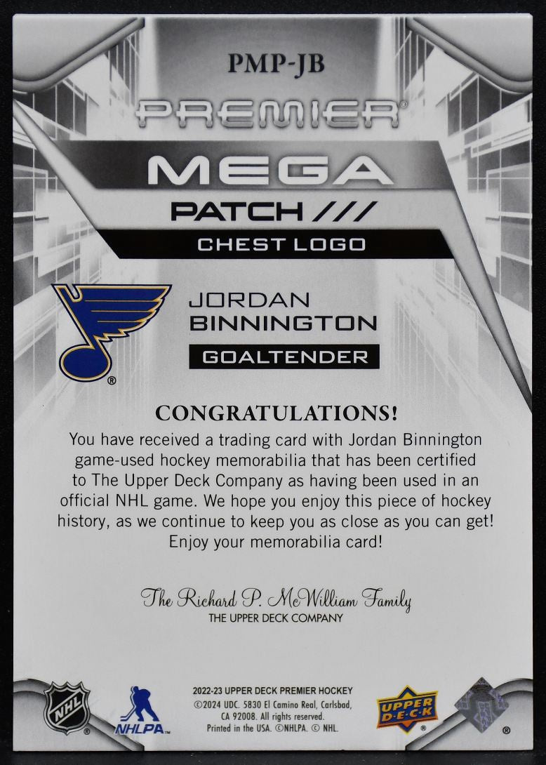 2022-23 UD Premier Mega Patch Chest Logo Binnington Blues 17/23 Patch 3916