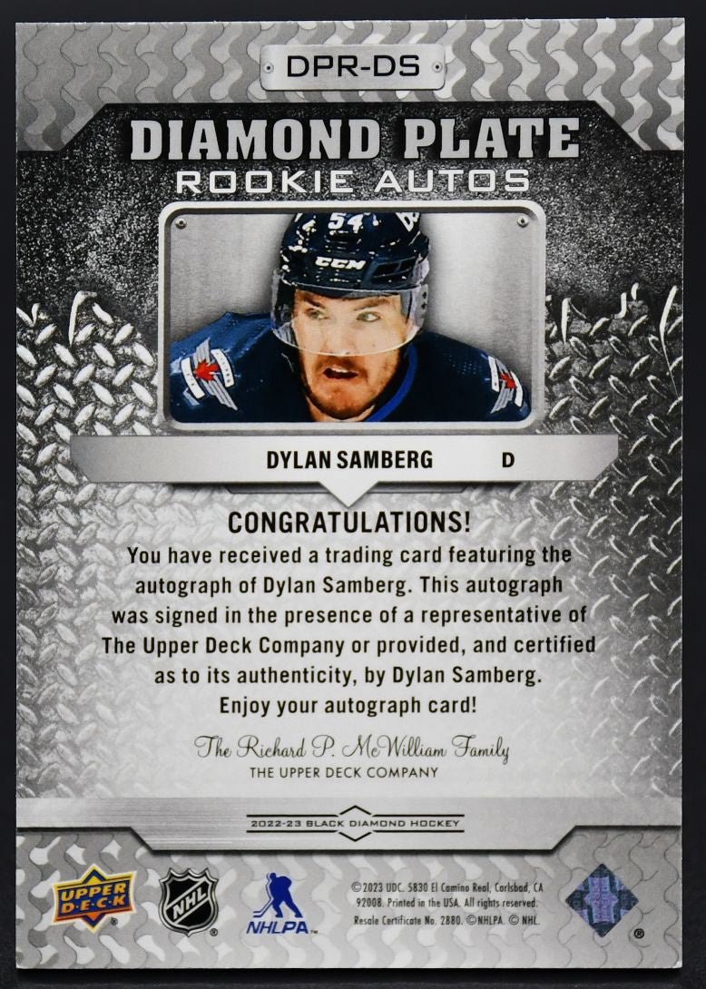 2022-23 UD Black Diamond Plate Rookie Auto Samberg Winnipeg Jets RC Auto /149