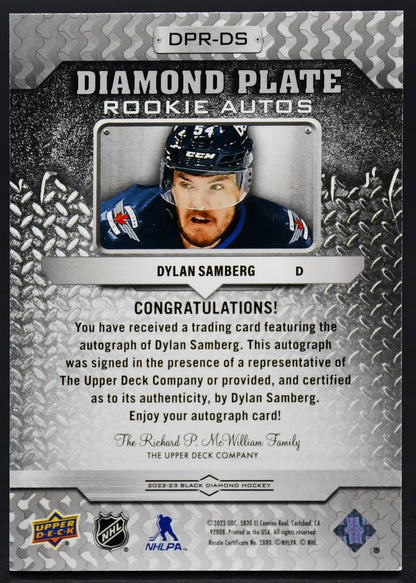 2022-23 UD Black Diamond Plate Rookie Auto Samberg Winnipeg Jets RC Auto /149