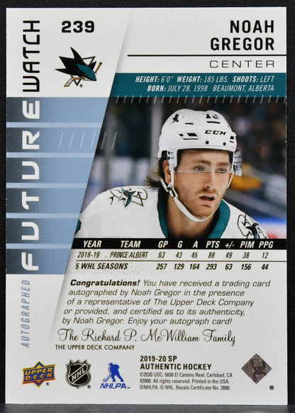 2019-20 SP Authentic Future Watch Auto Noah Gregor Sharks RC Auto 433/999 7309