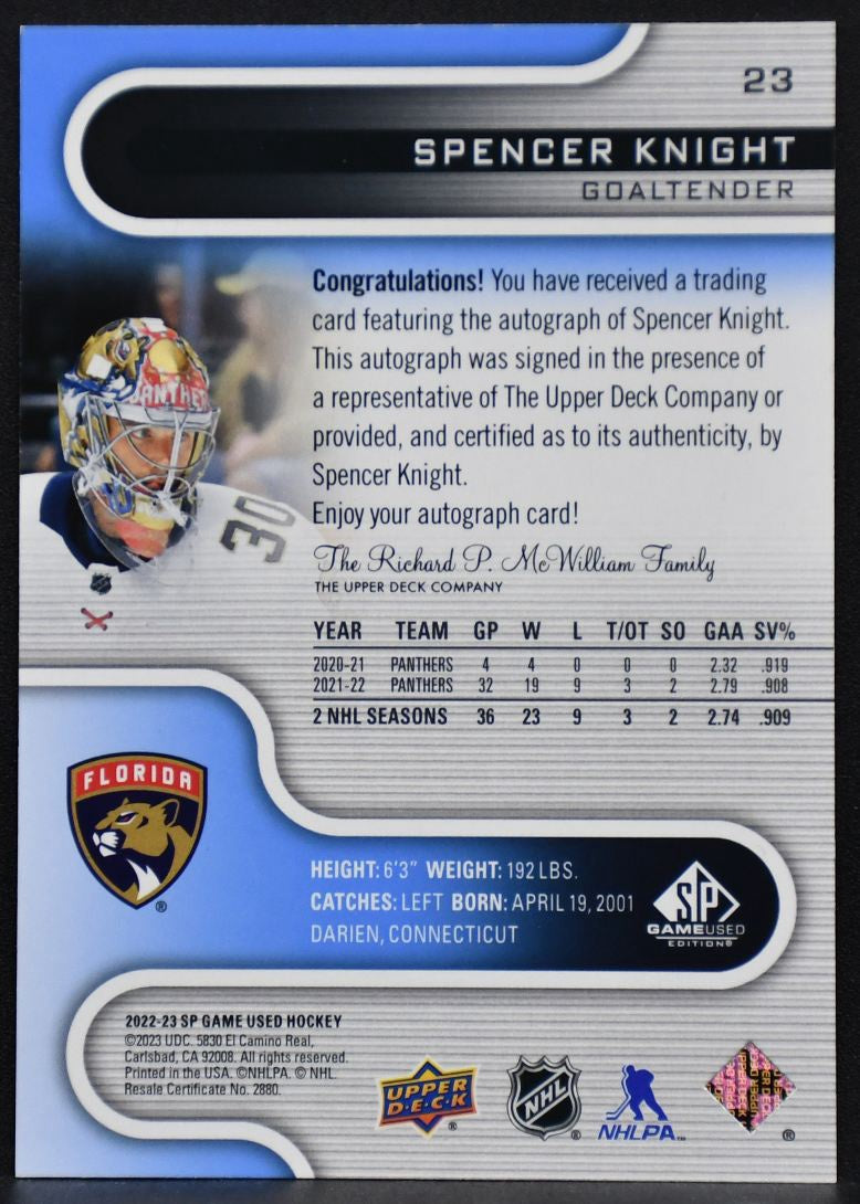 2022-23 SP Game Used Blue Auto Spencer Knight 23 Florida Panthers Auto