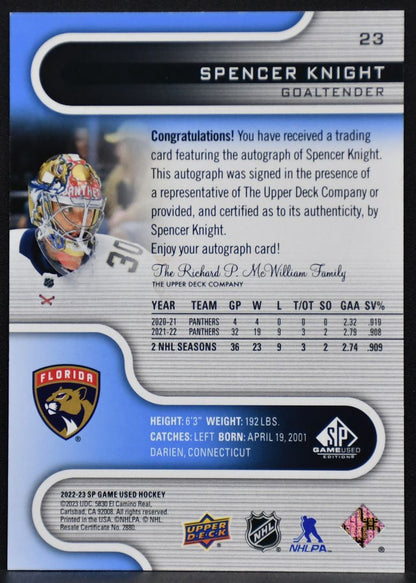 2022-23 SP Game Used Blue Auto Spencer Knight 23 Florida Panthers Auto