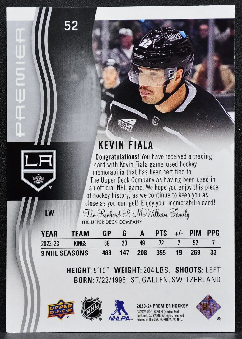 2023-24 Upper Deck Premier Jersey Kevin Fiala 52 Los Angeles Kings Jersey 6705