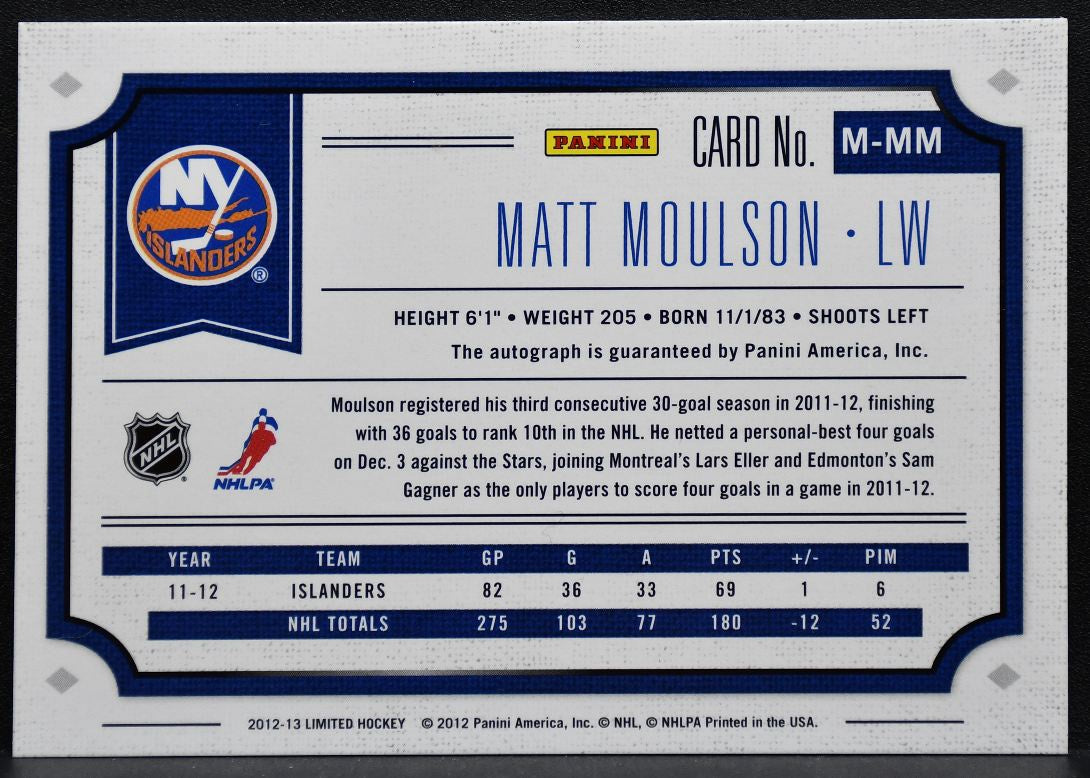 2012-13 Panini Limited Monikers Matt Moulson Islanders Auto 40/49 Jersey 9084